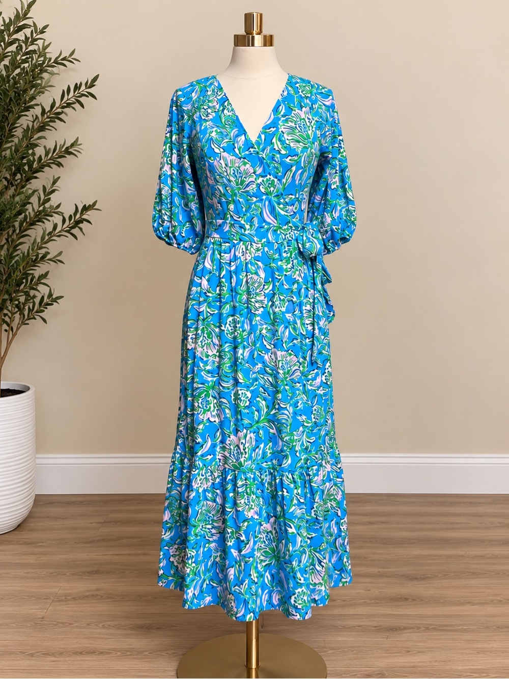 Lilly Pulitzer Blue & Green Brantley Floral Wrap Midi Dress